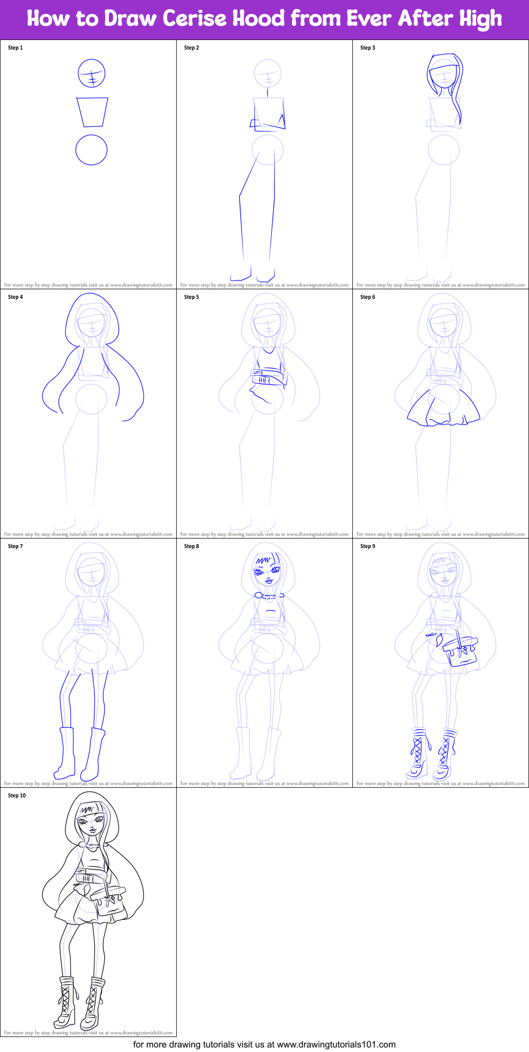 How to Draw Cerise Hood from Ever After High Printable Step by Step