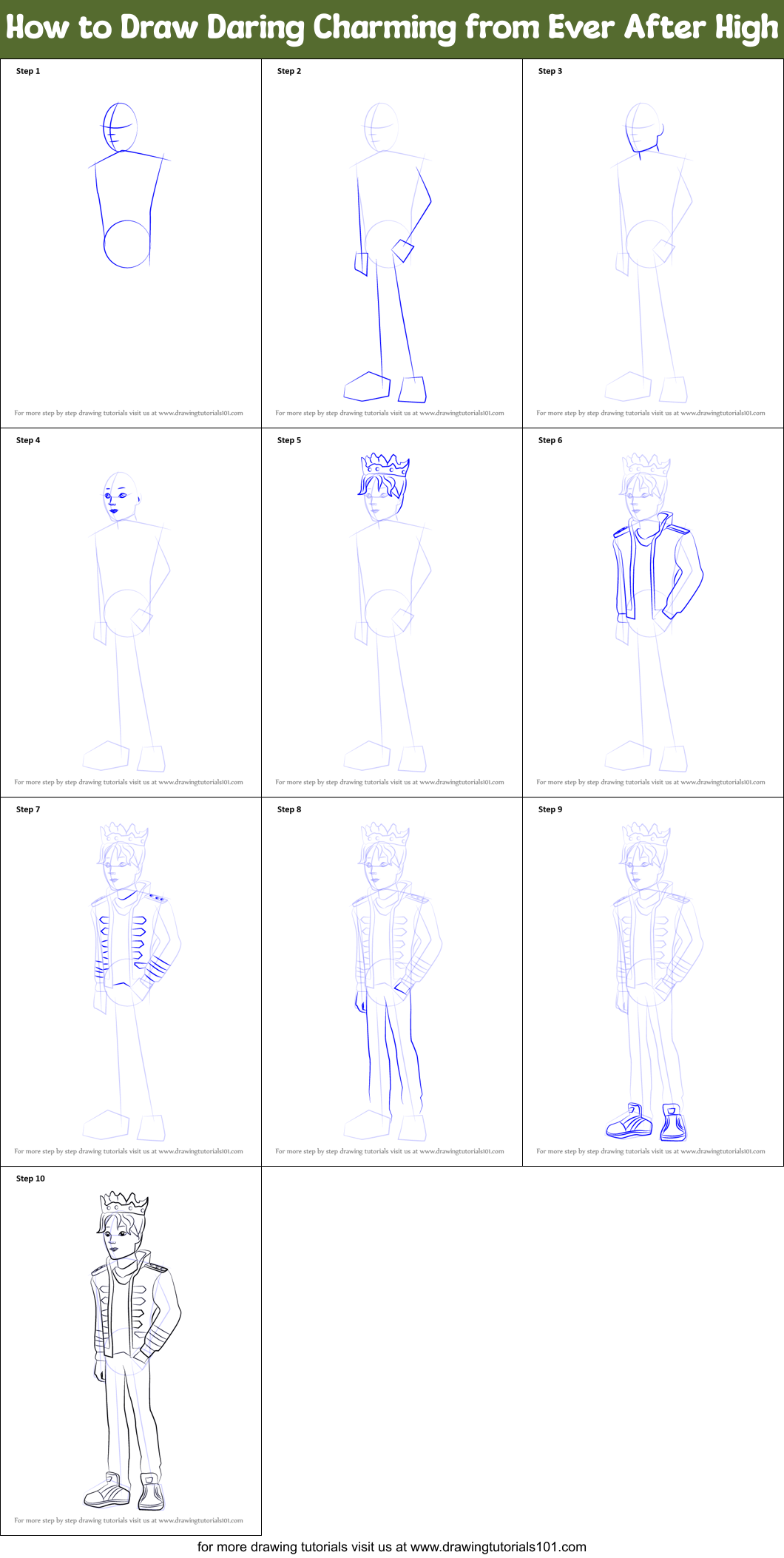 How to Draw Daring Charming from Ever After High Printable Step by Step