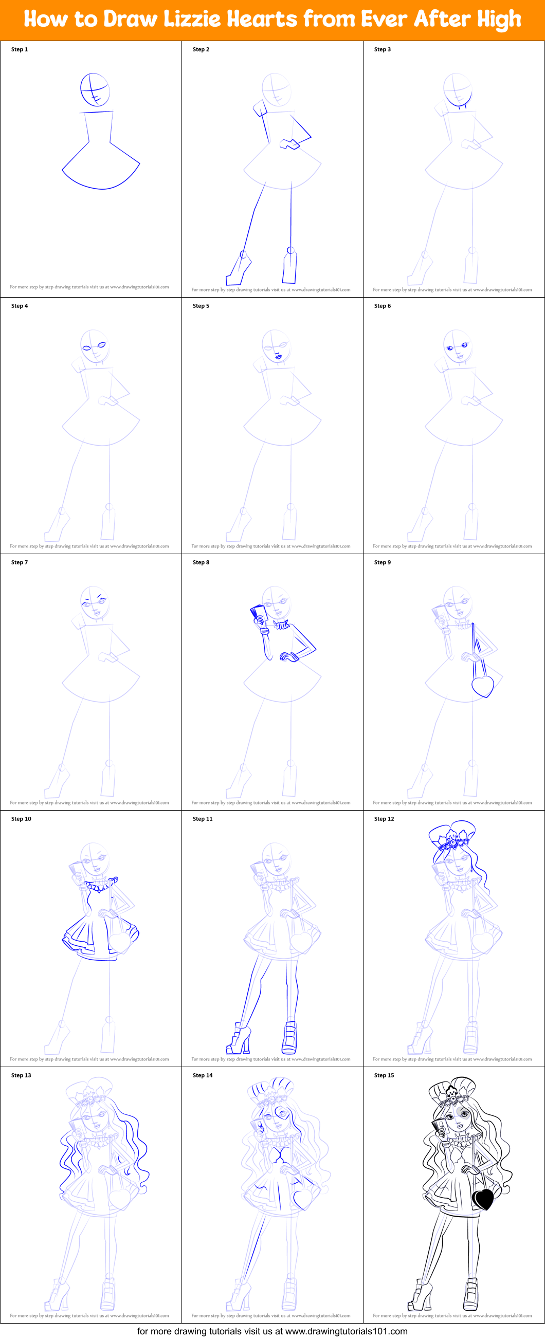 How to Draw Lizzie Hearts from Ever After High Printable Step by Step