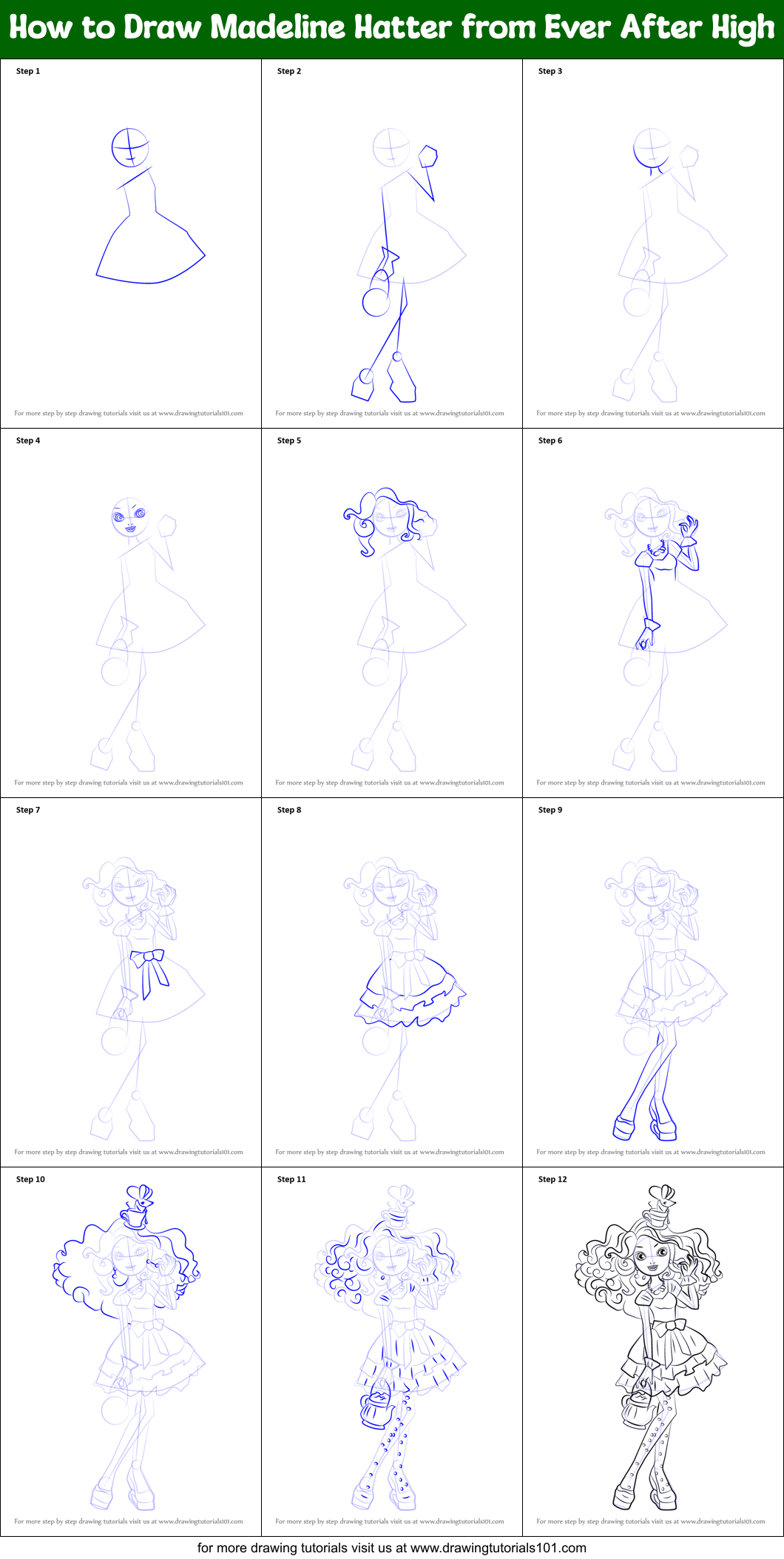 How to Draw Madeline Hatter from Ever After High Printable Step by Step