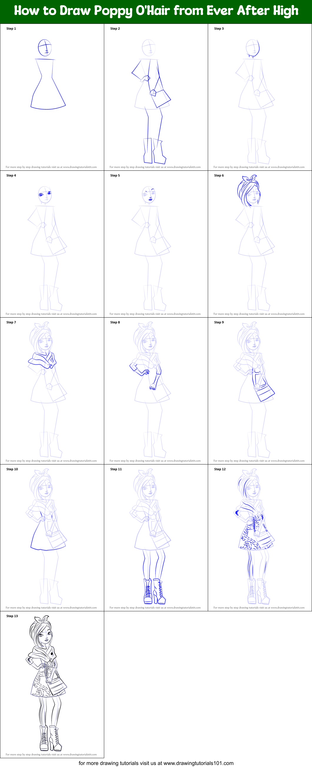 How to Draw Poppy O'Hair from Ever After High Printable Step by Step