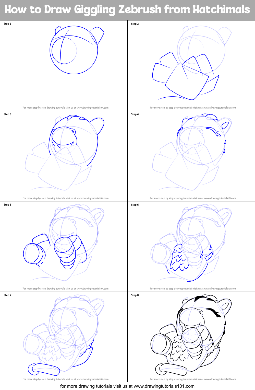 How to Draw Giggling Zebrush from Hatchimals Printable Step by Step