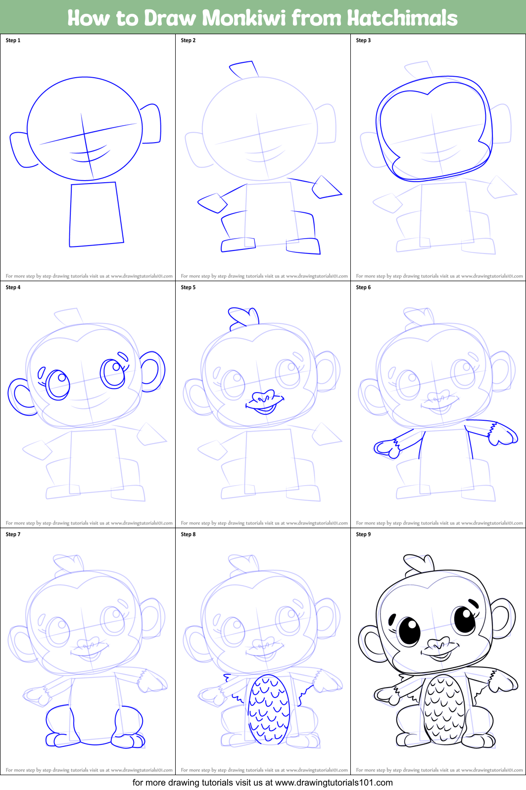 How to Draw Monkiwi from Hatchimals Printable Step by Step
