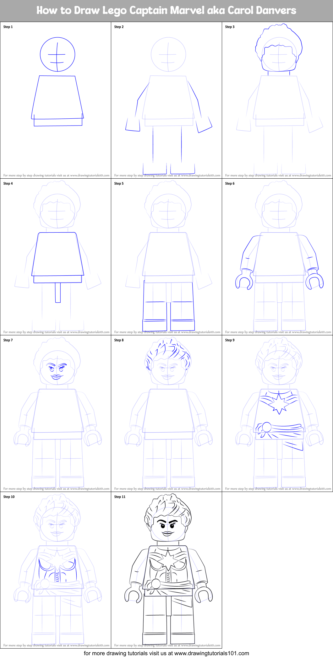 How to Draw Lego Captain Marvel aka Carol Danvers Printable Step by Step