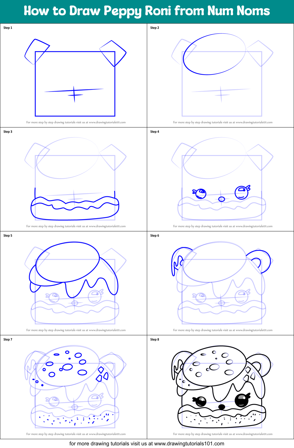 How to Draw Peppy Roni from Num Noms Printable Step by Step