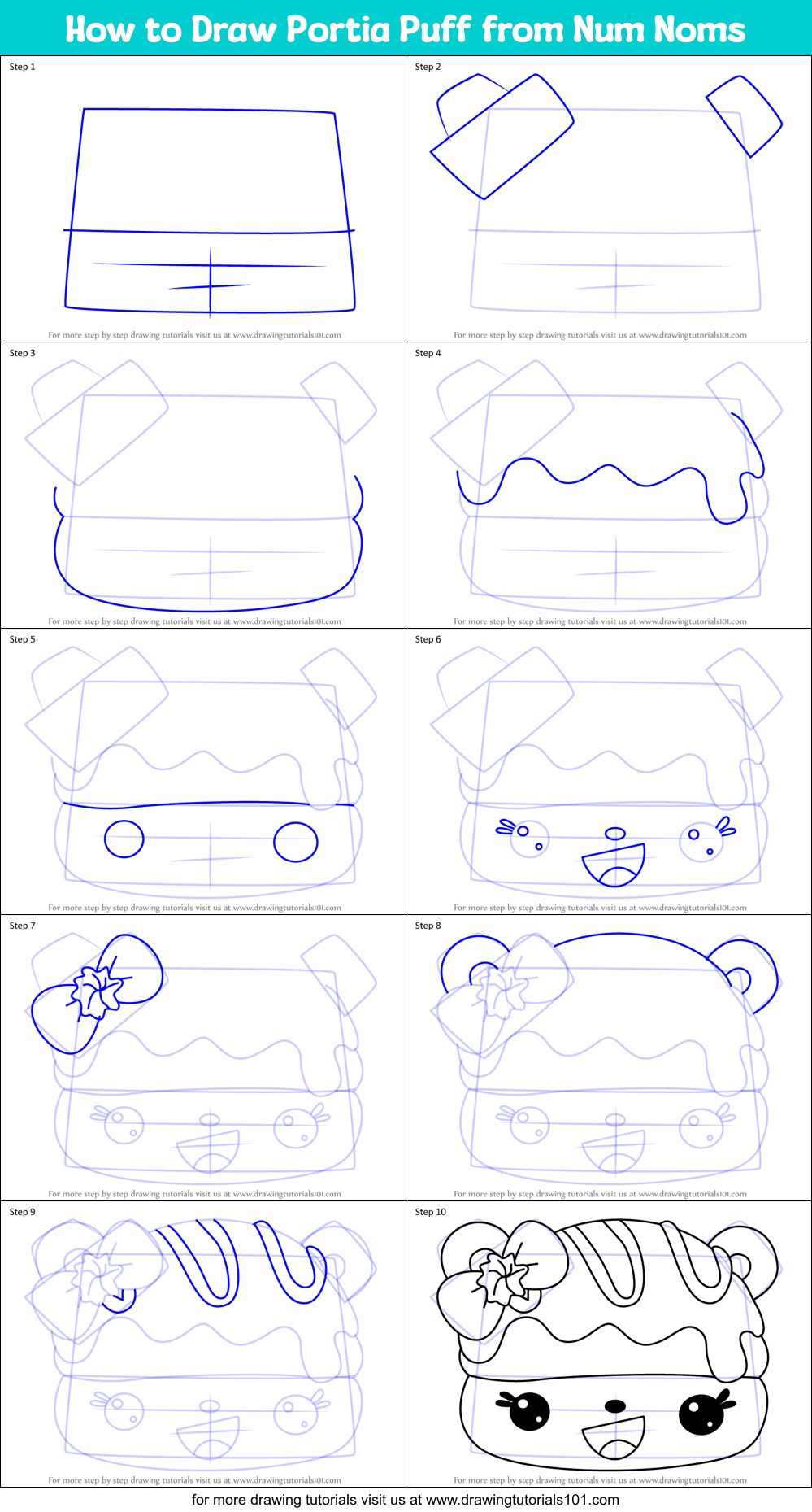 How to Draw Portia Puff from Num Noms Printable Step by Step