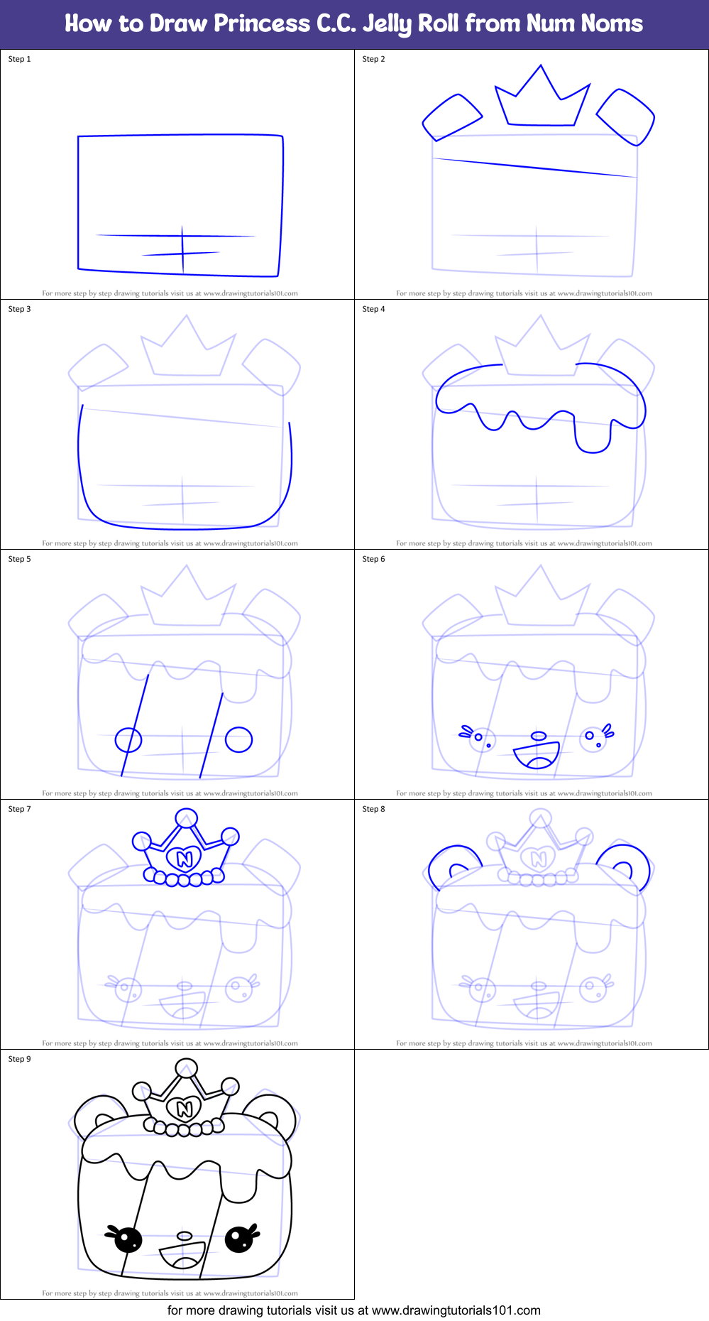 How to Draw Princess C.C. Jelly Roll from Num Noms Printable Step by Step