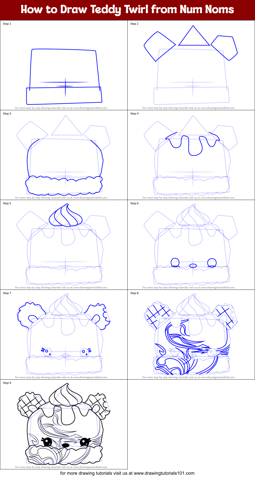 How to Draw Teddy Twirl from Num Noms Printable Step by Step