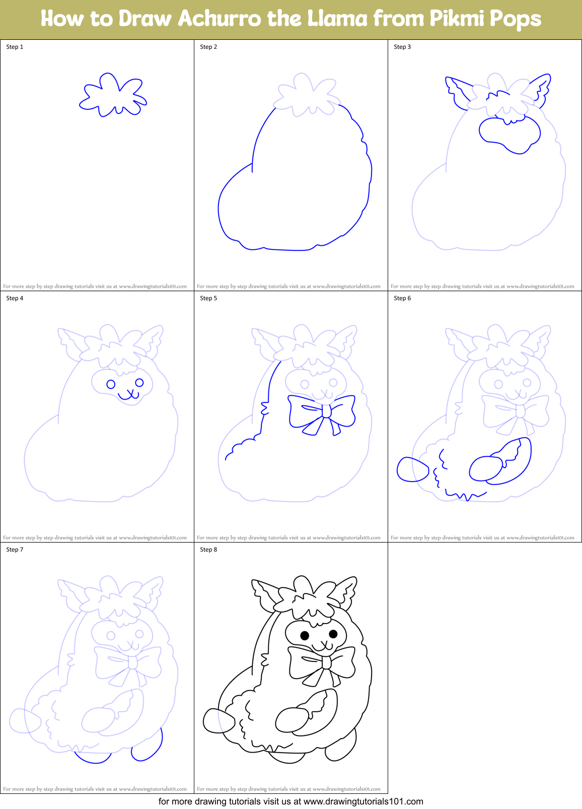 How to Draw Achurro the Llama from Pikmi Pops Printable Step by Step