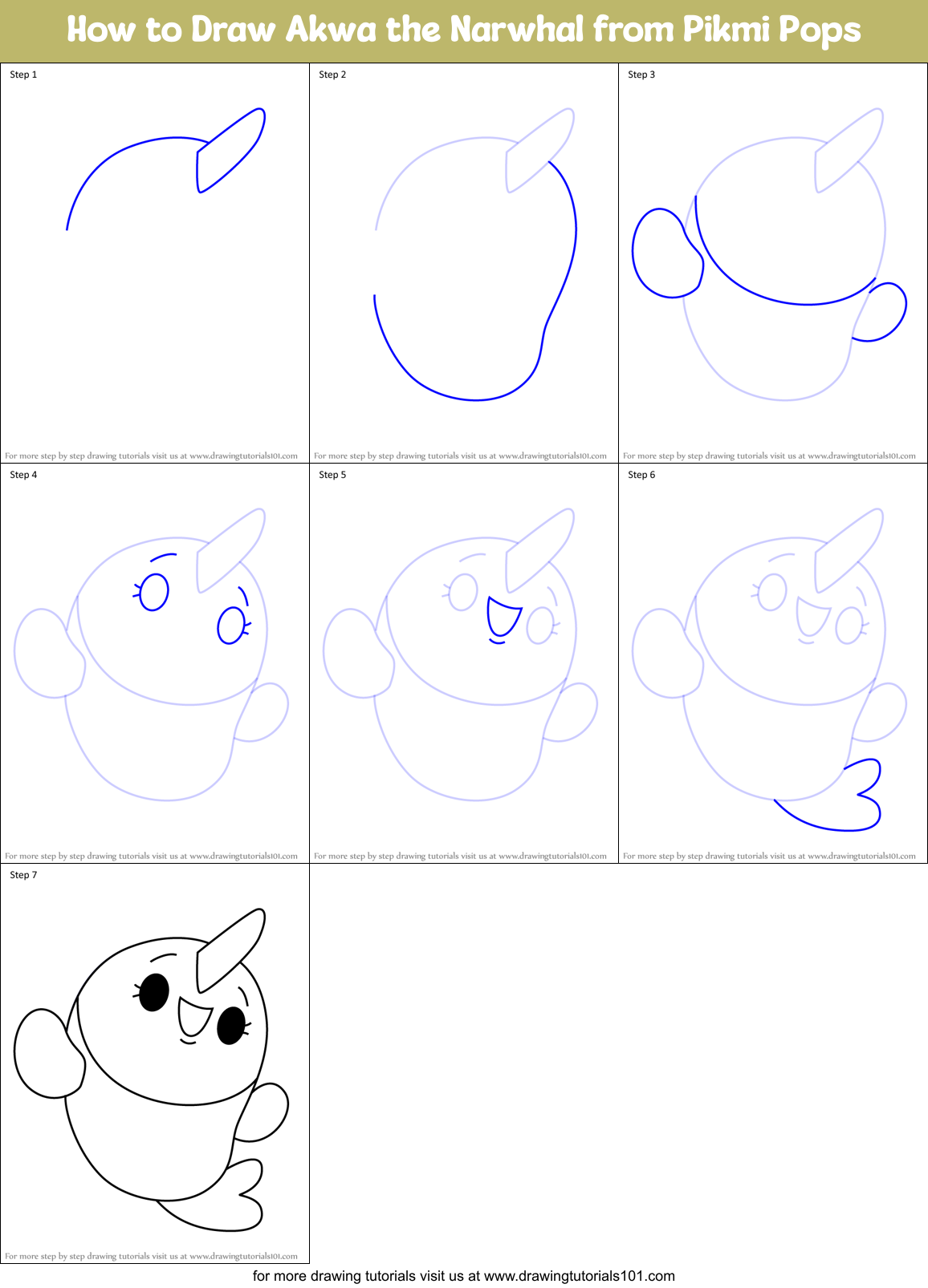 How to Draw Akwa the Narwhal from Pikmi Pops Printable Step by Step