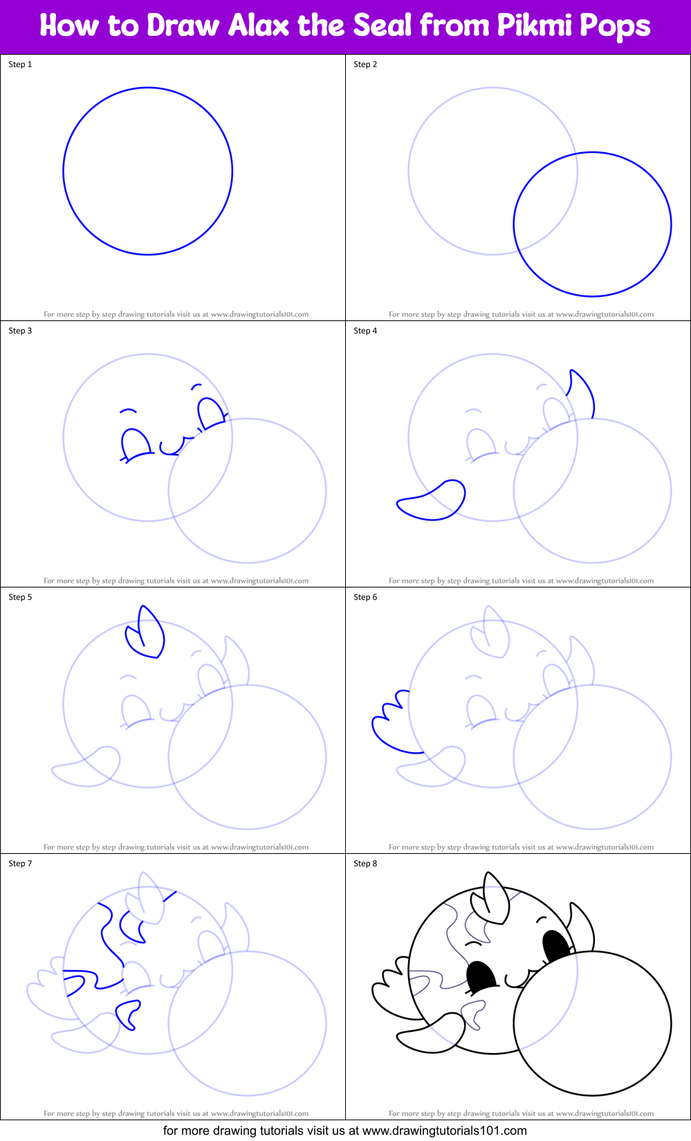 How to Draw Alax the Seal from Pikmi Pops Printable Step by Step