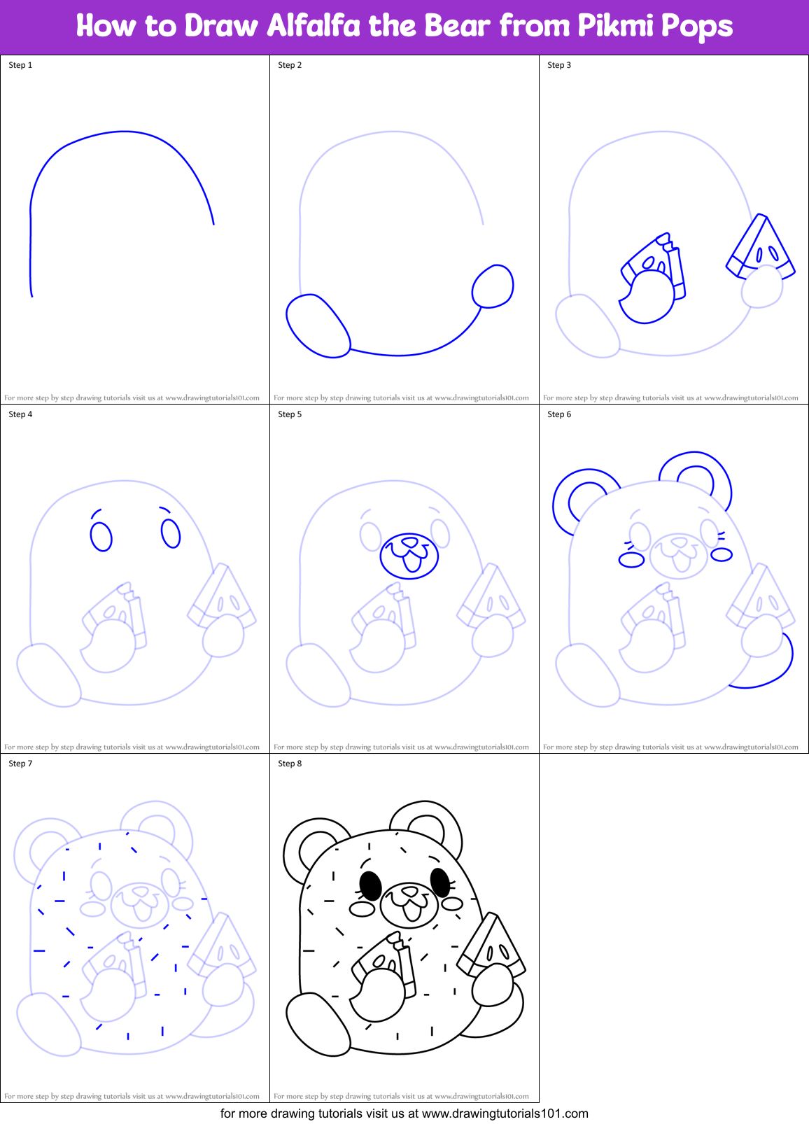 How to Draw Alfalfa the Bear from Pikmi Pops Printable Step by Step