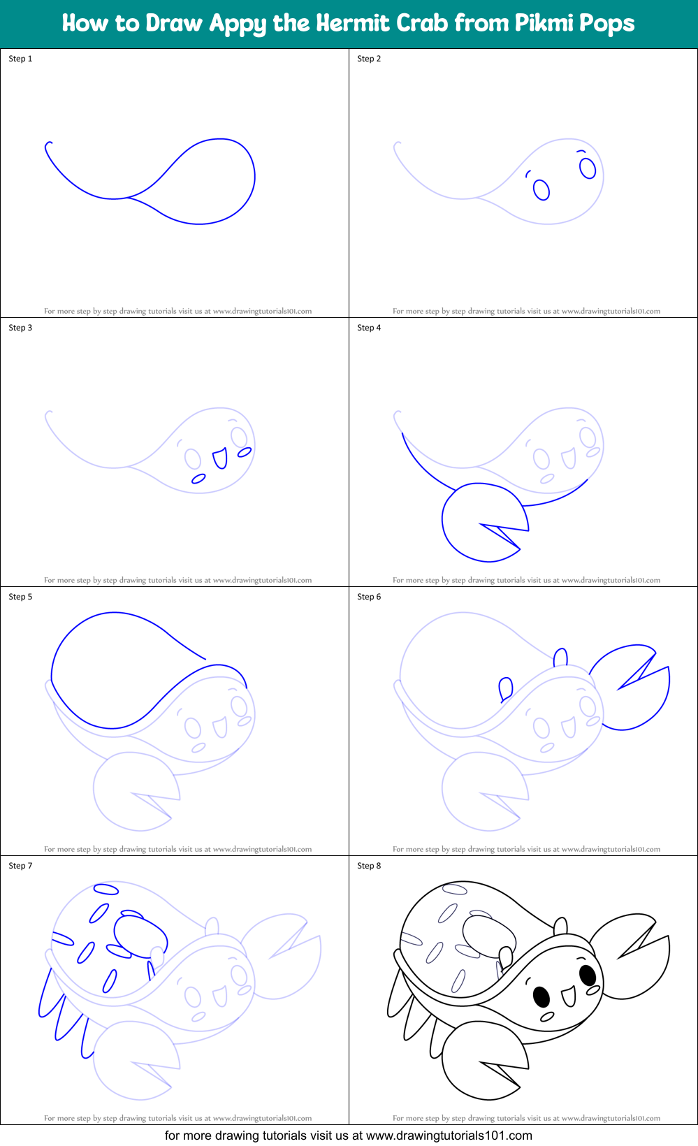 How to Draw Appy the Hermit Crab from Pikmi Pops Printable Step by Step