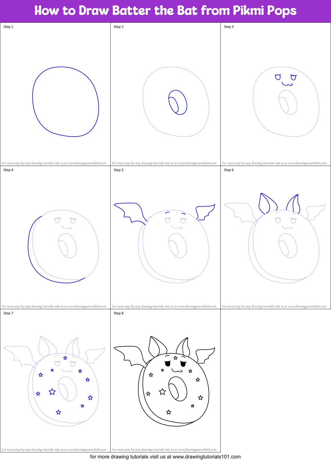 How to Draw Batter the Bat from Pikmi Pops Printable Step by Step