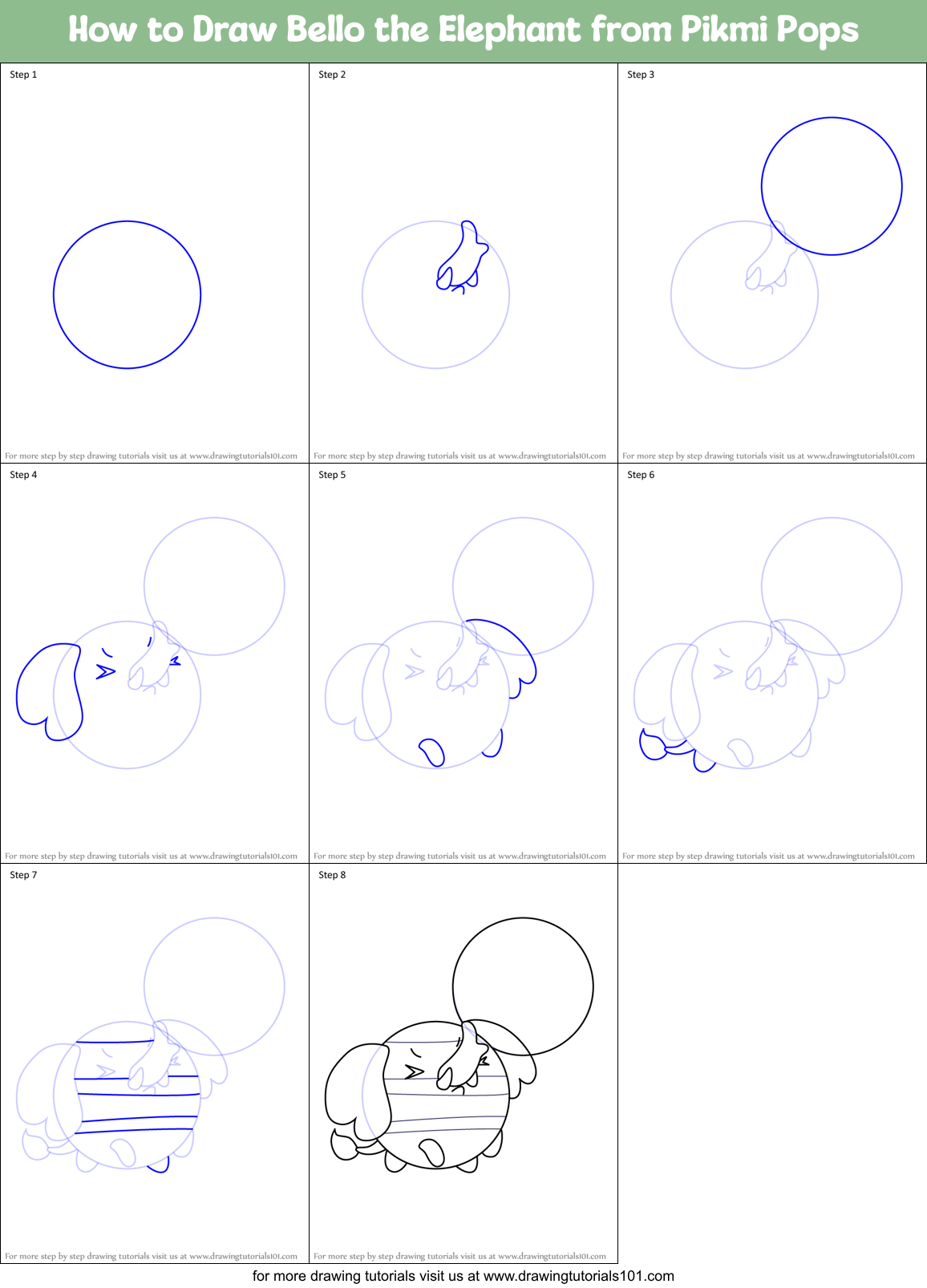 How to Draw Bello the Elephant from Pikmi Pops Printable Step by Step