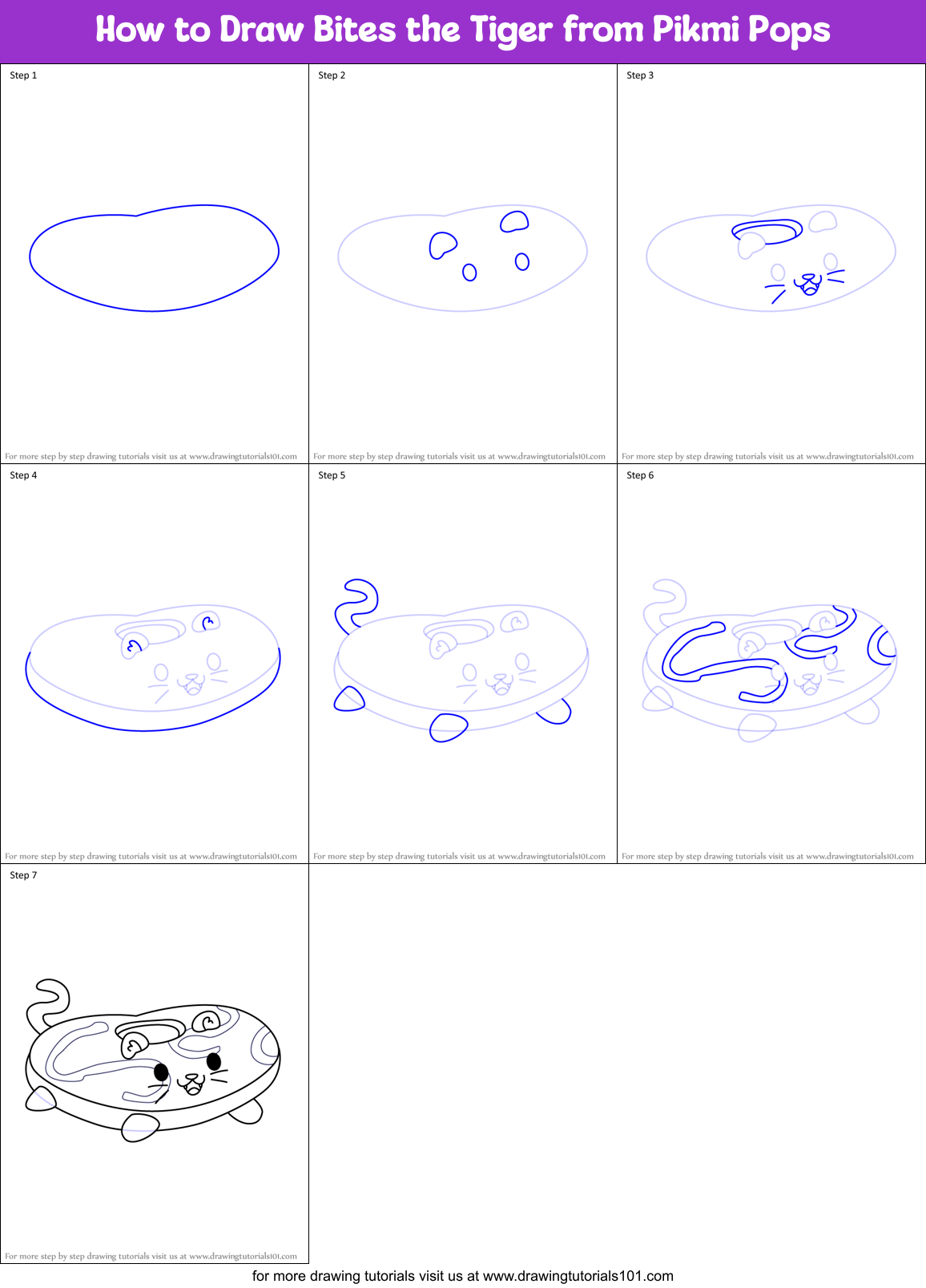 How to Draw Bites the Tiger from Pikmi Pops Printable Step by Step