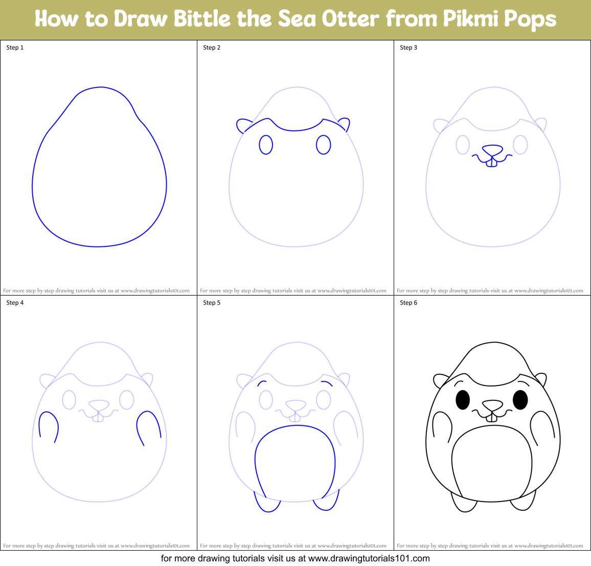 How to Draw Bittle the Sea Otter from Pikmi Pops Printable Step by Step