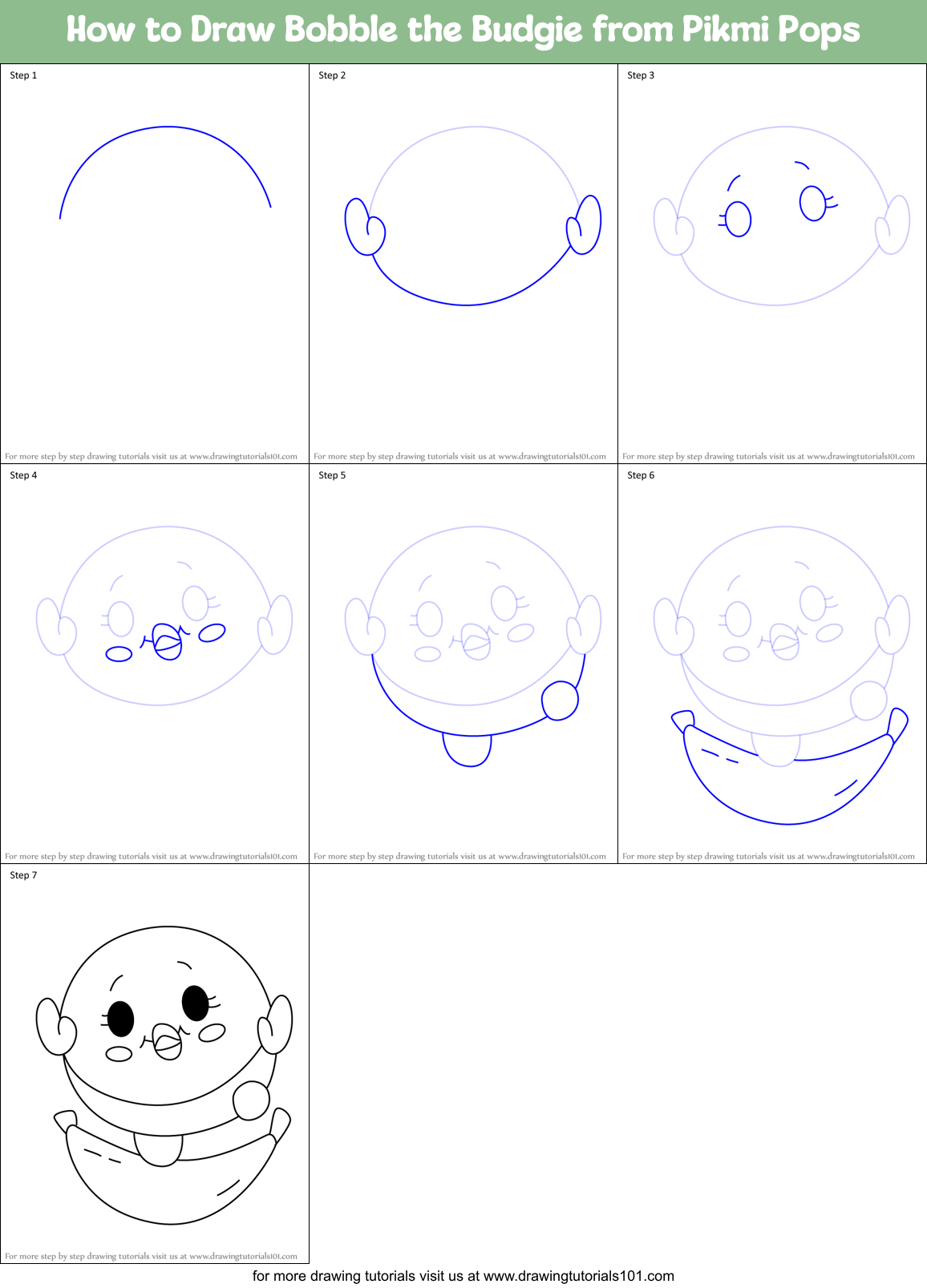 How to Draw Bobble the Budgie from Pikmi Pops Printable Step by Step