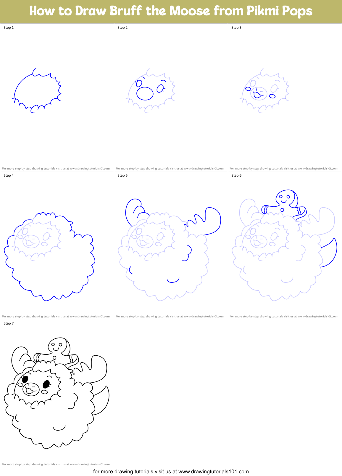 How to Draw Bruff the Moose from Pikmi Pops Printable Step by Step