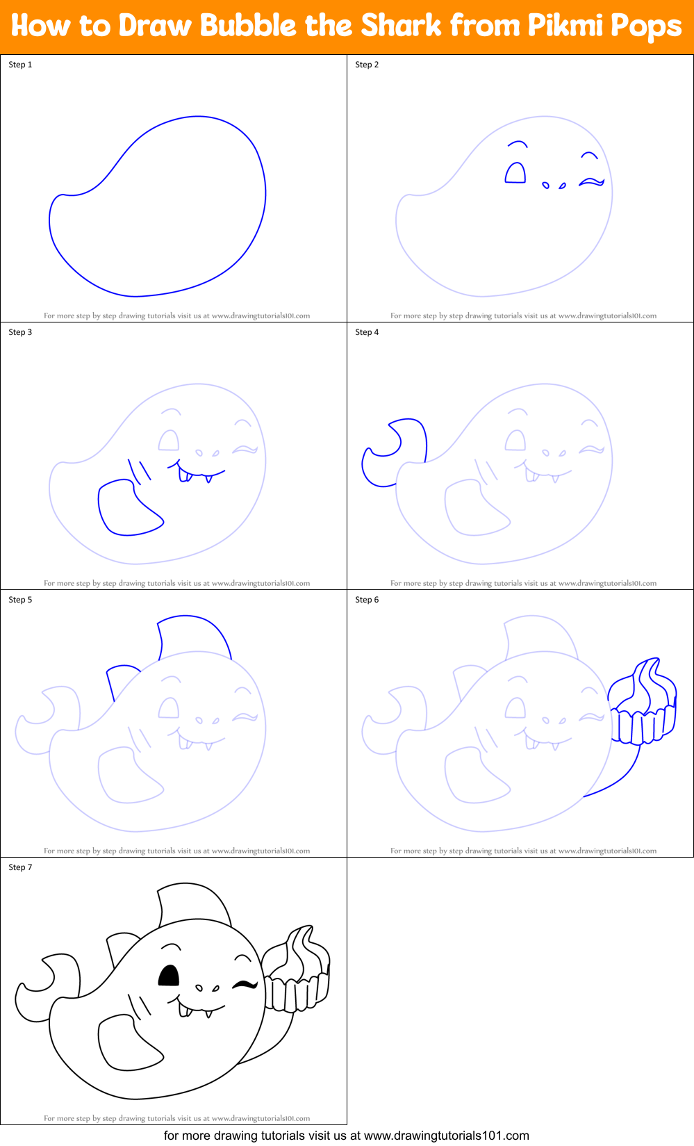 How to Draw Bubble the Shark from Pikmi Pops Printable Step by Step