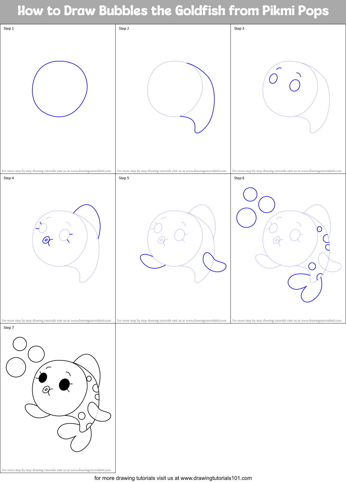 How to Draw Bubbles the Goldfish from Pikmi Pops Printable Step by Step