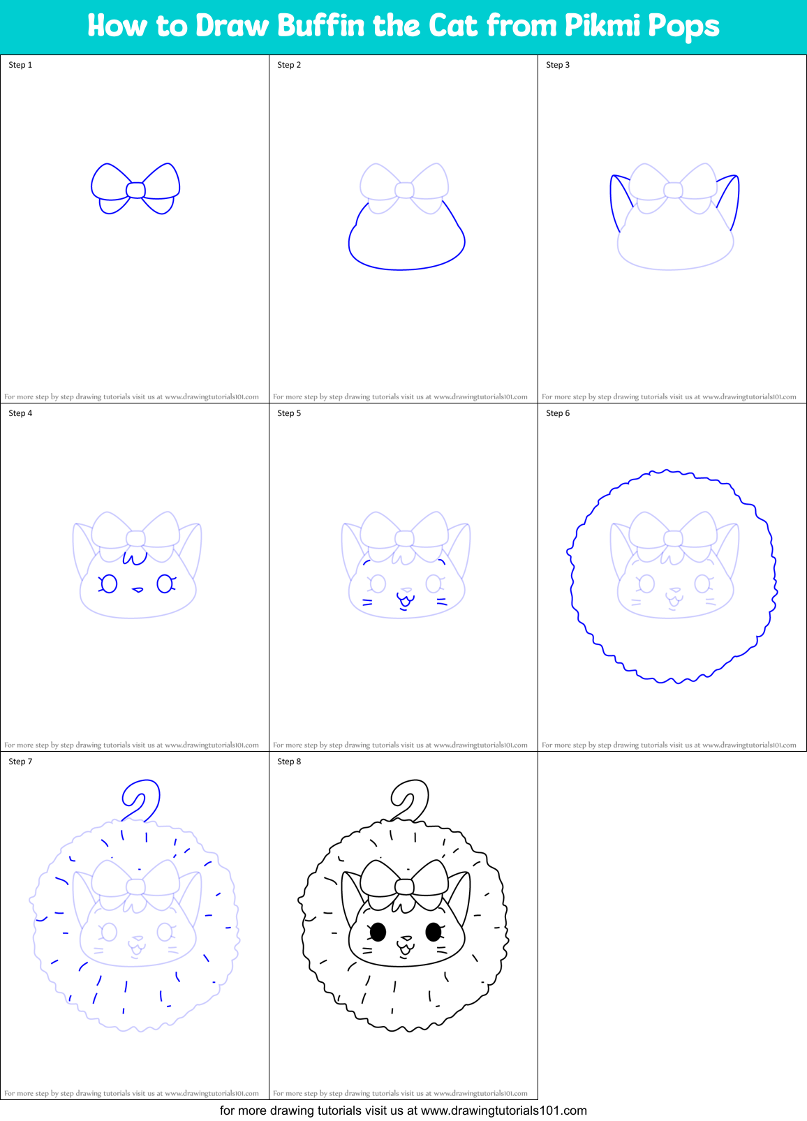 How to Draw Buffin the Cat from Pikmi Pops Printable Step by Step