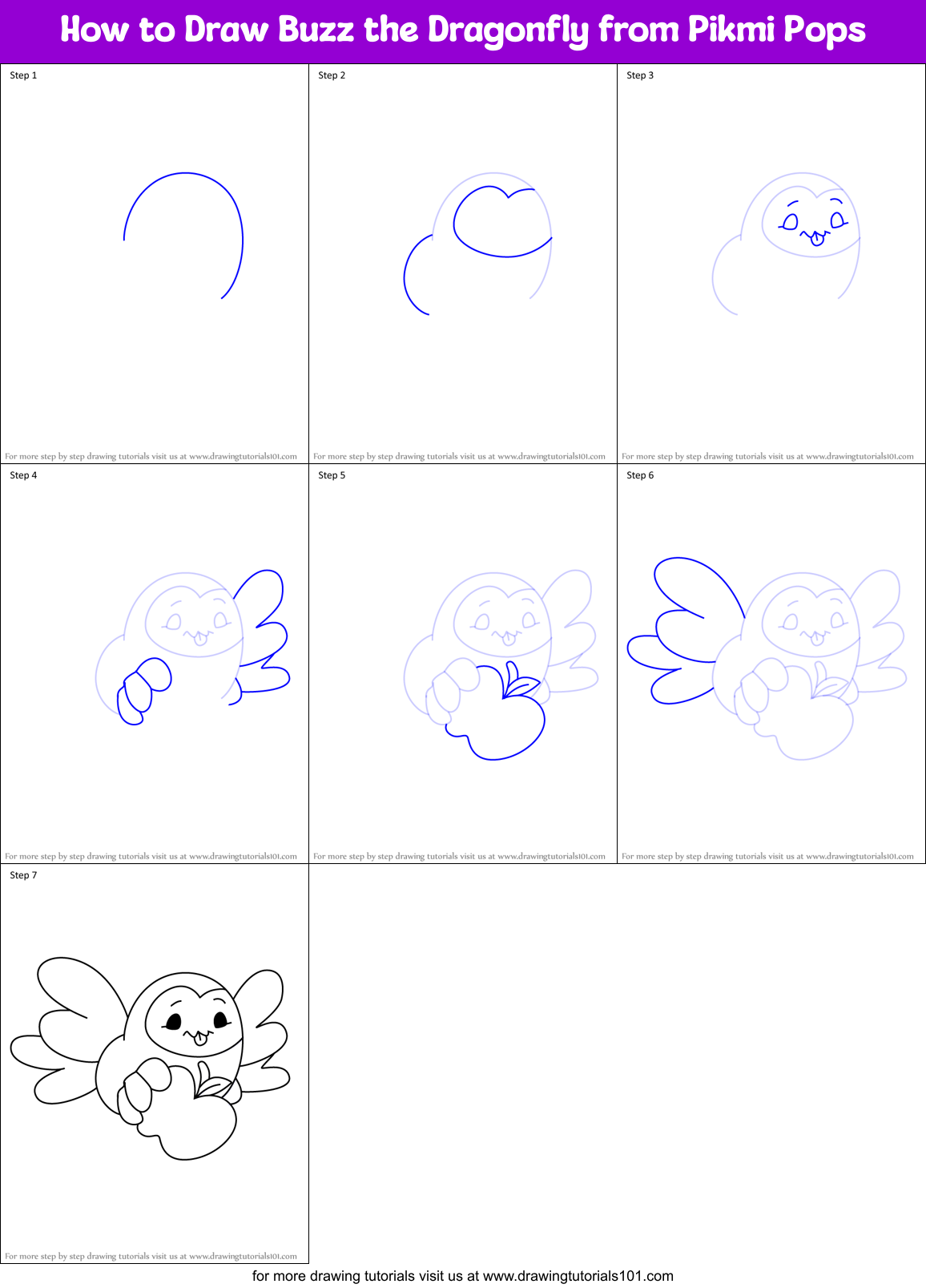 How to Draw Buzz the Dragonfly from Pikmi Pops Printable Step by Step