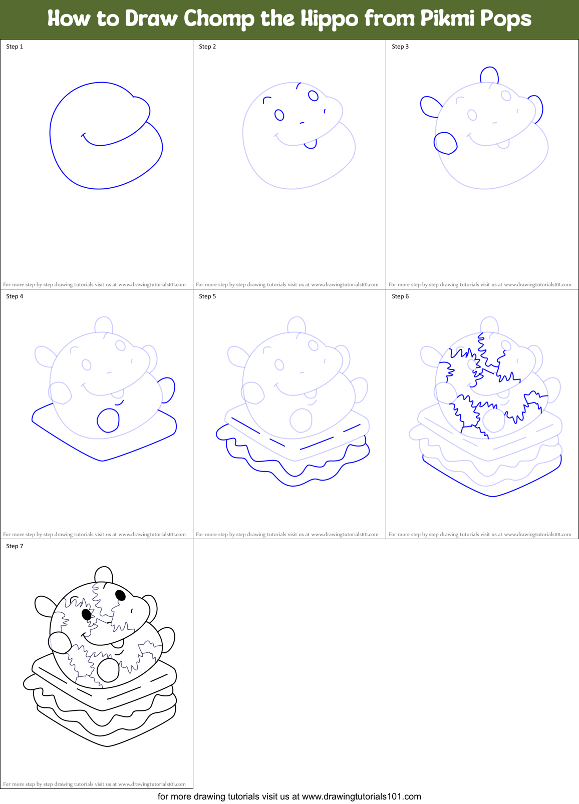 How to Draw Chomp the Hippo from Pikmi Pops Printable Step by Step