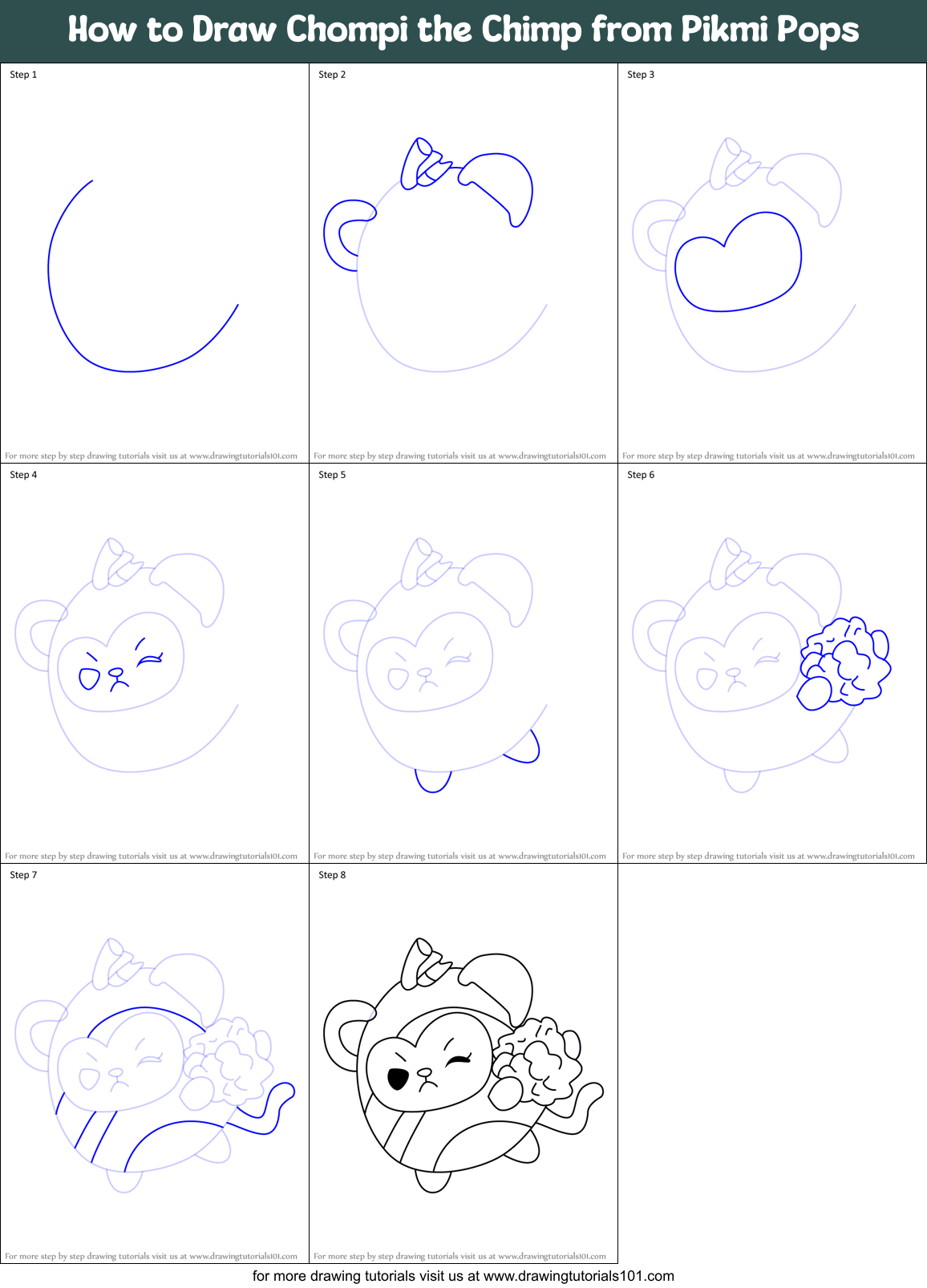 How to Draw Chompi the Chimp from Pikmi Pops Printable Step by Step