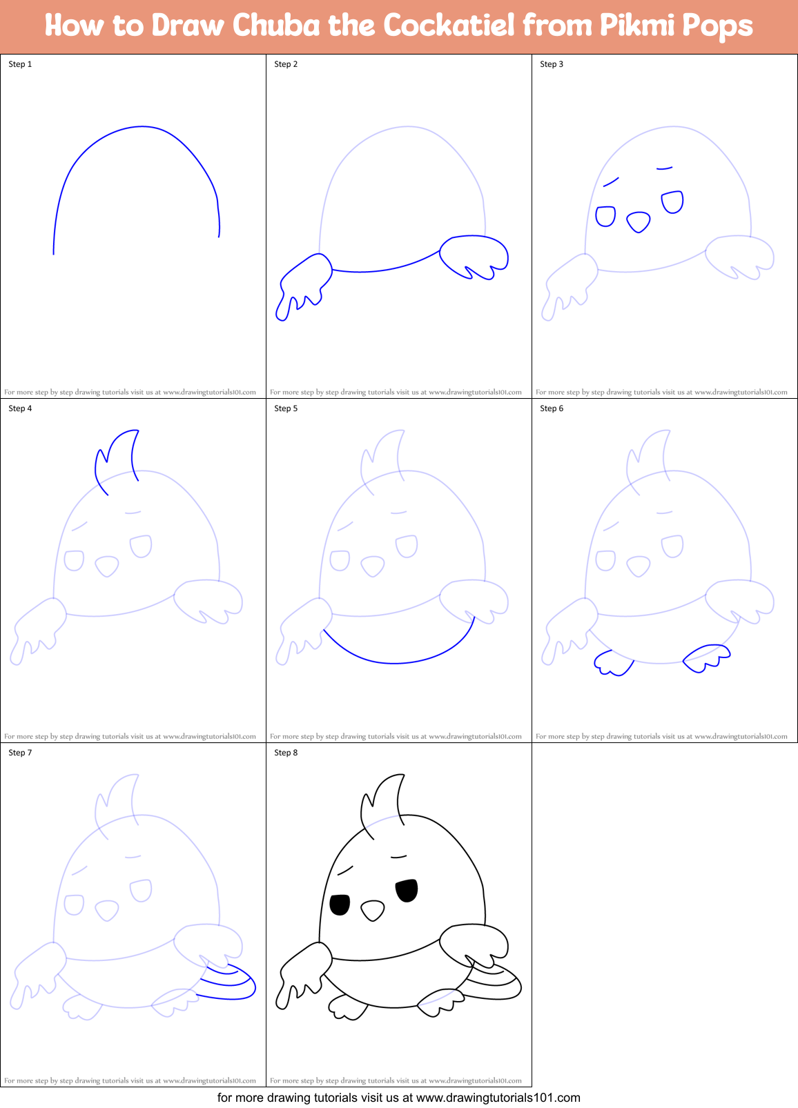 How to Draw Chuba the Cockatiel from Pikmi Pops Printable Step by Step