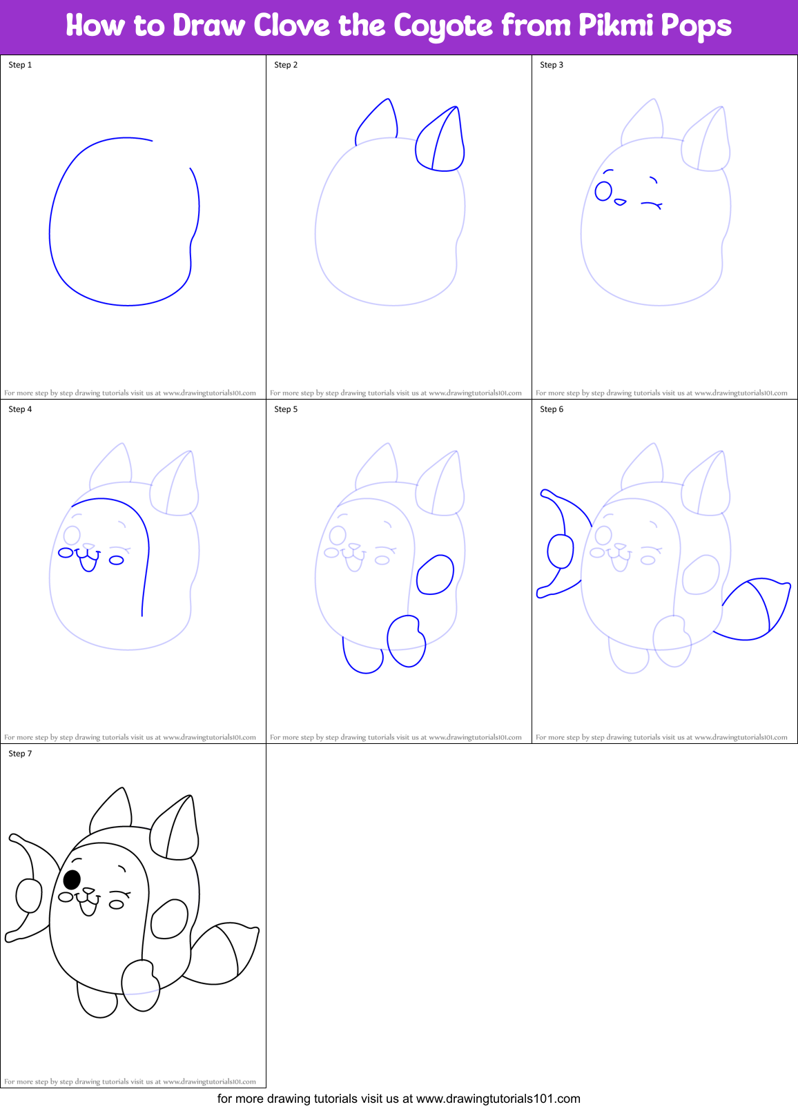 How to Draw Clove the Coyote from Pikmi Pops Printable Step by Step