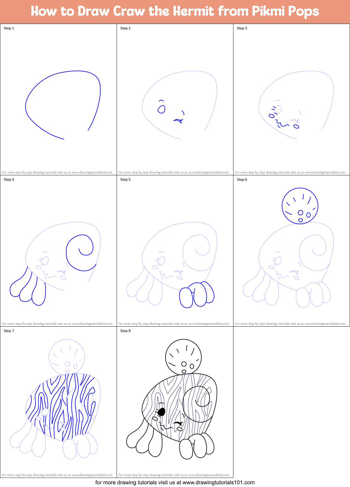 How to Draw Craw the Hermit from Pikmi Pops Printable Step by Step
