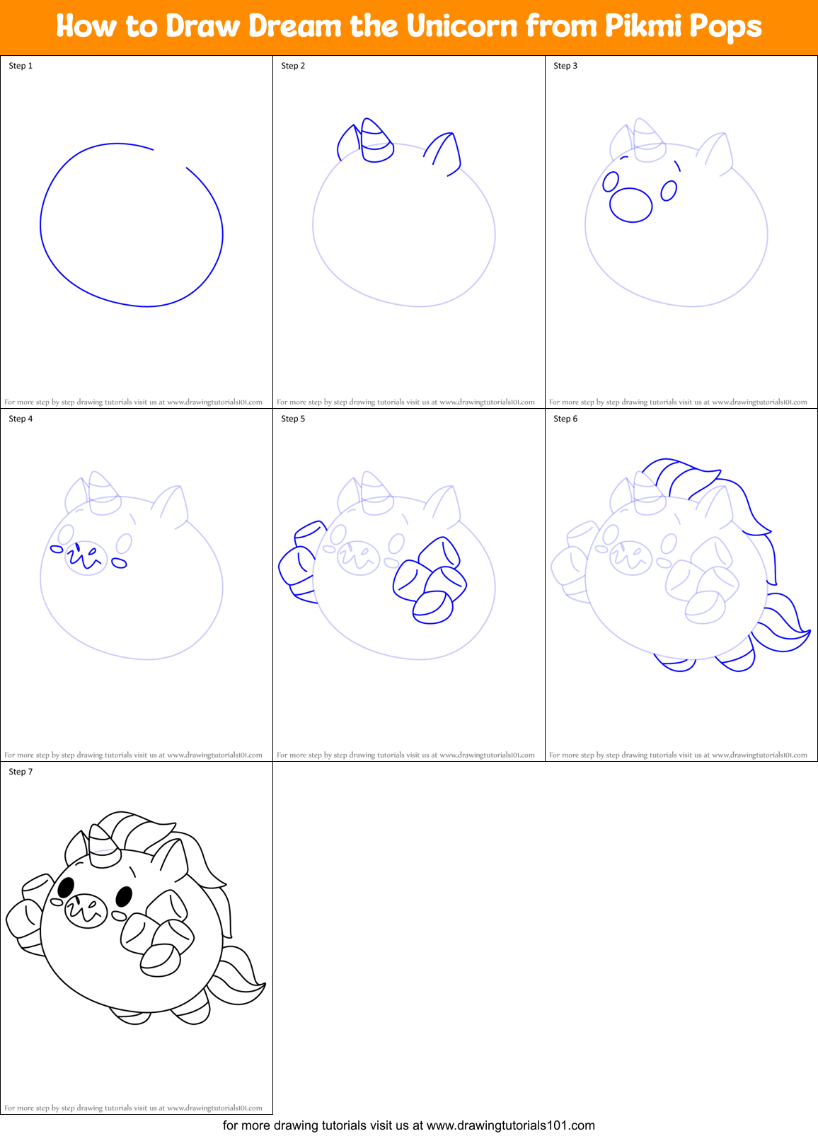 How to Draw Dream the Unicorn from Pikmi Pops Printable Step by Step