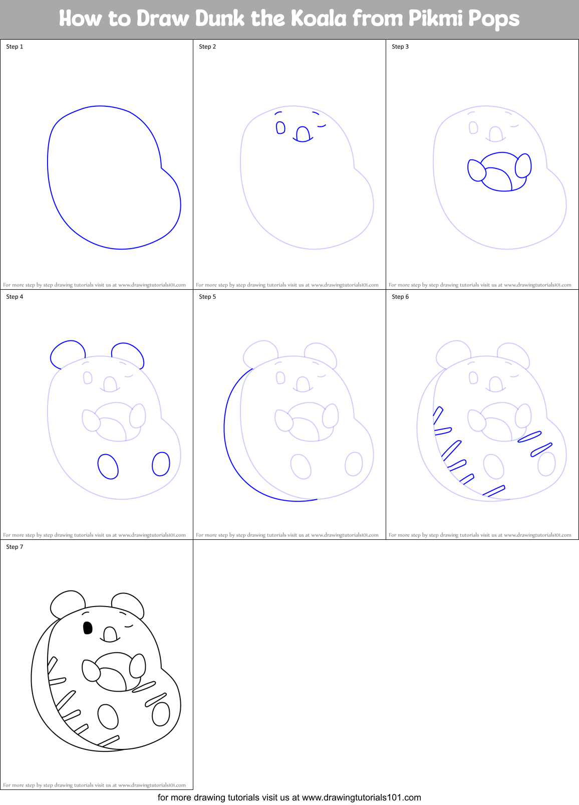 How to Draw Dunk the Koala from Pikmi Pops Printable Step by Step