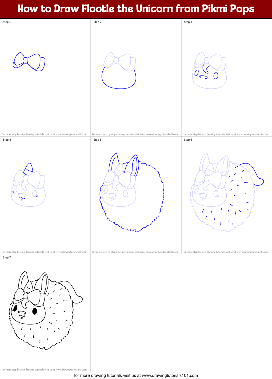 How to Draw Flootle the Unicorn from Pikmi Pops Printable Step by Step