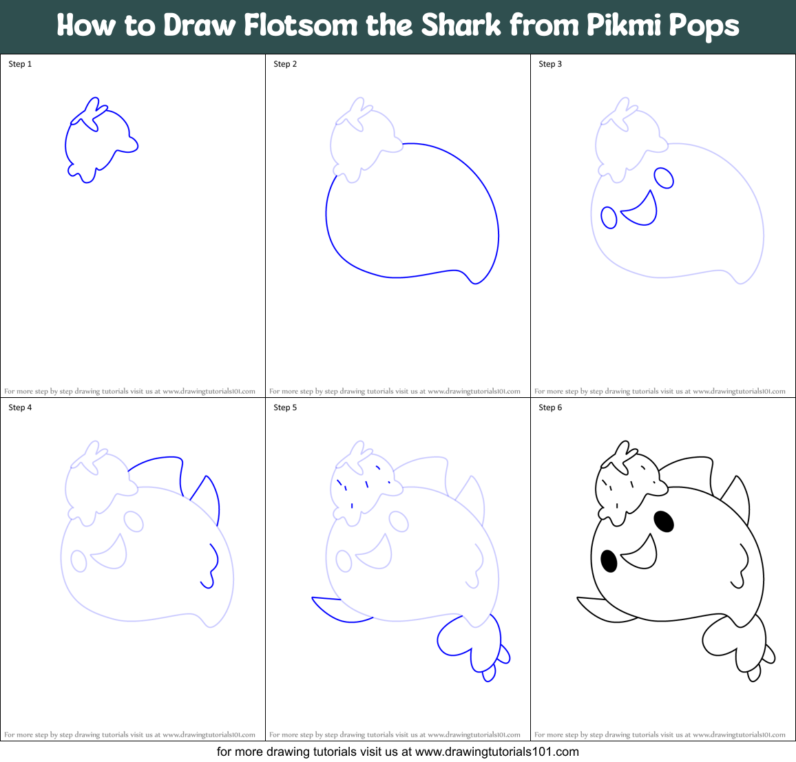 How to Draw Flotsom the Shark from Pikmi Pops Printable Step by Step