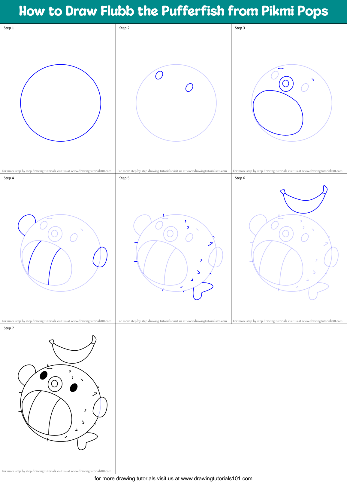 How to Draw Flubb the Pufferfish from Pikmi Pops Printable Step by Step