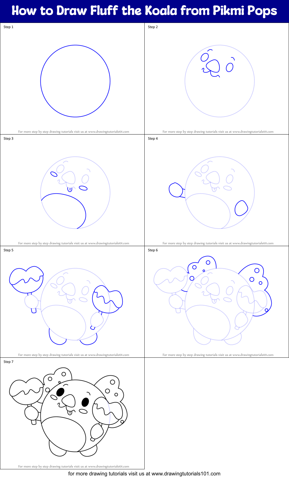 How to Draw Fluff the Koala from Pikmi Pops Printable Step by Step