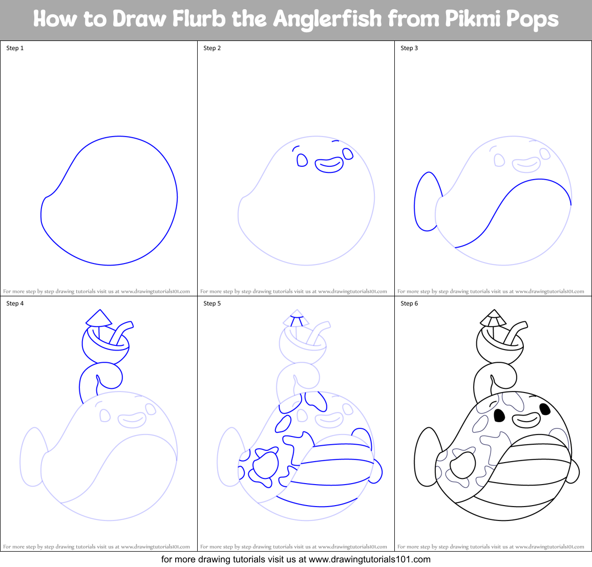 How to Draw Flurb the Anglerfish from Pikmi Pops Printable Step by Step