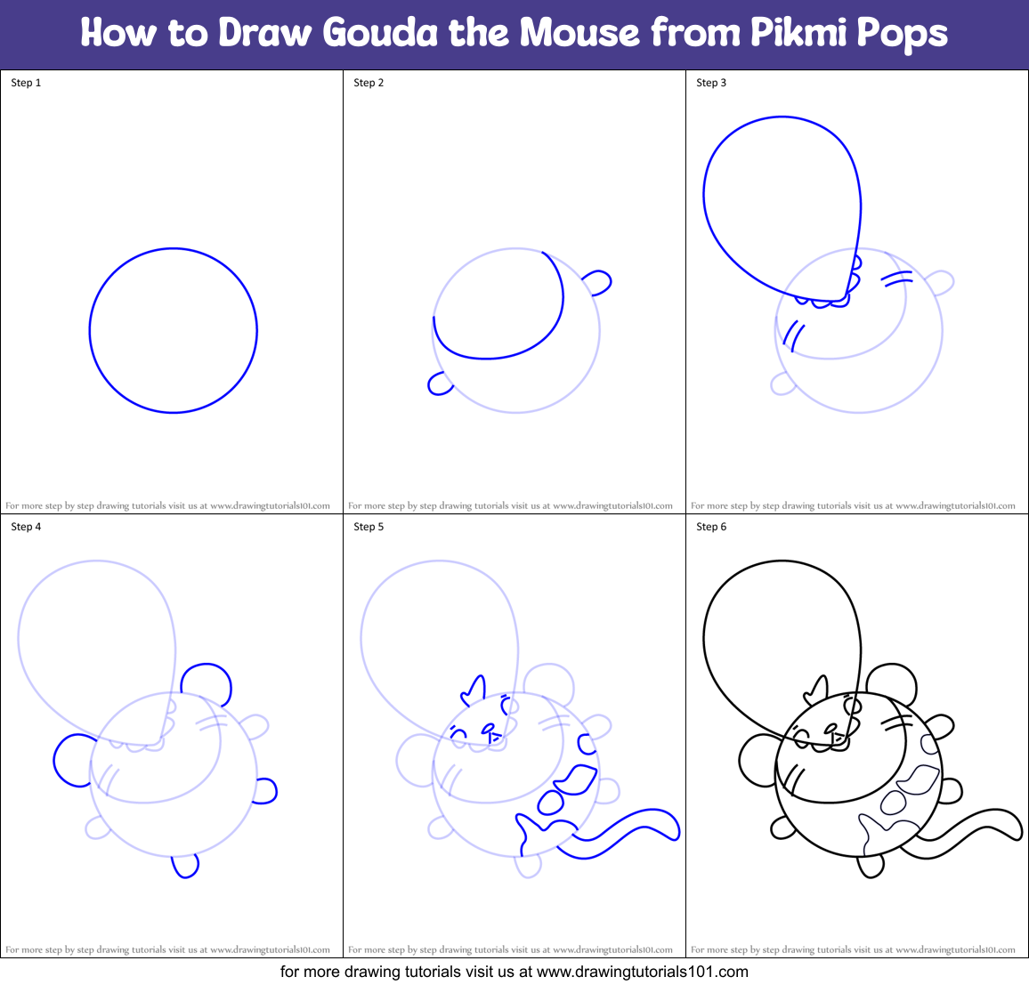 How to Draw Gouda the Mouse from Pikmi Pops Printable Step by Step