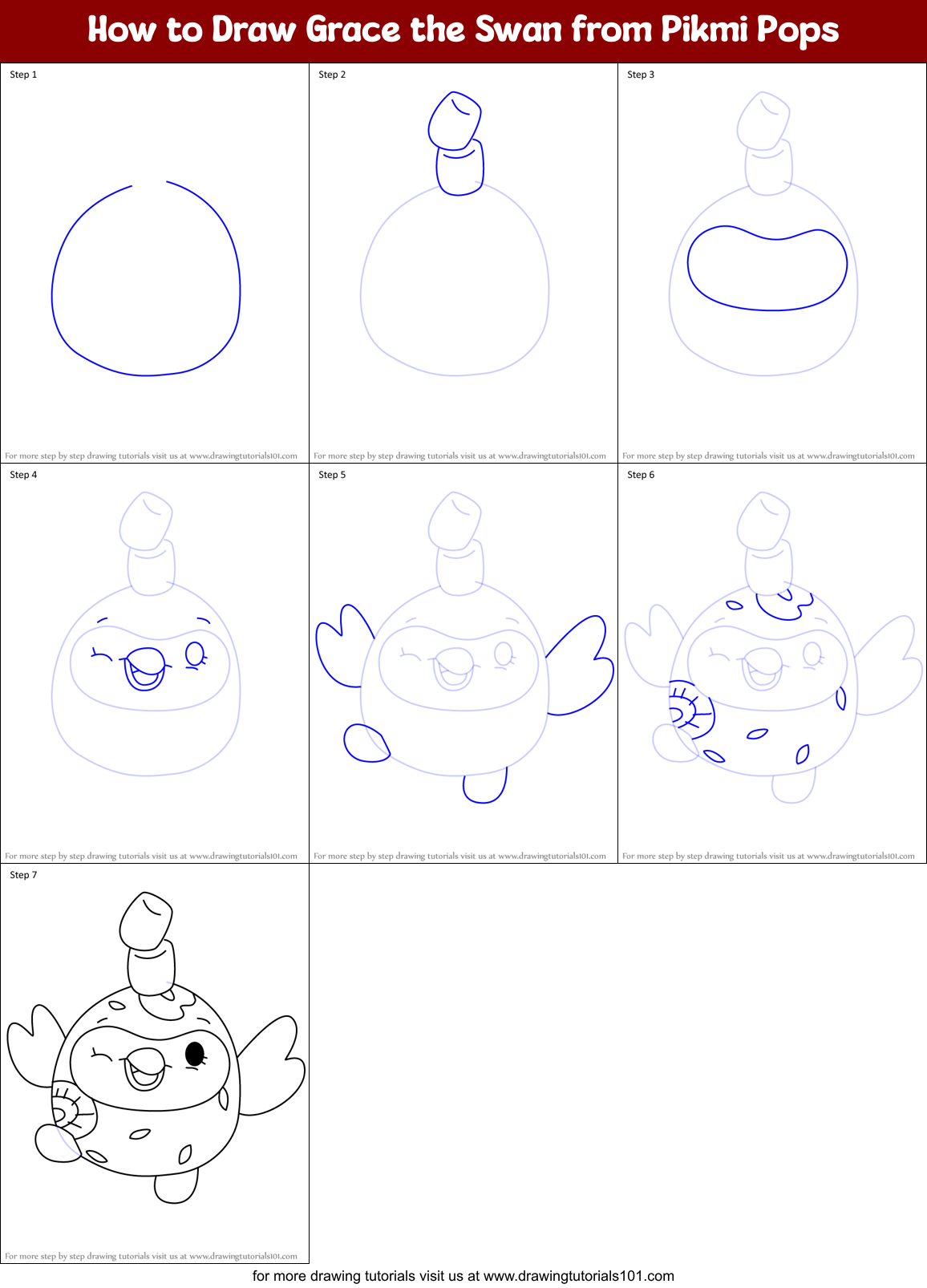 How to Draw Grace the Swan from Pikmi Pops Printable Step by Step