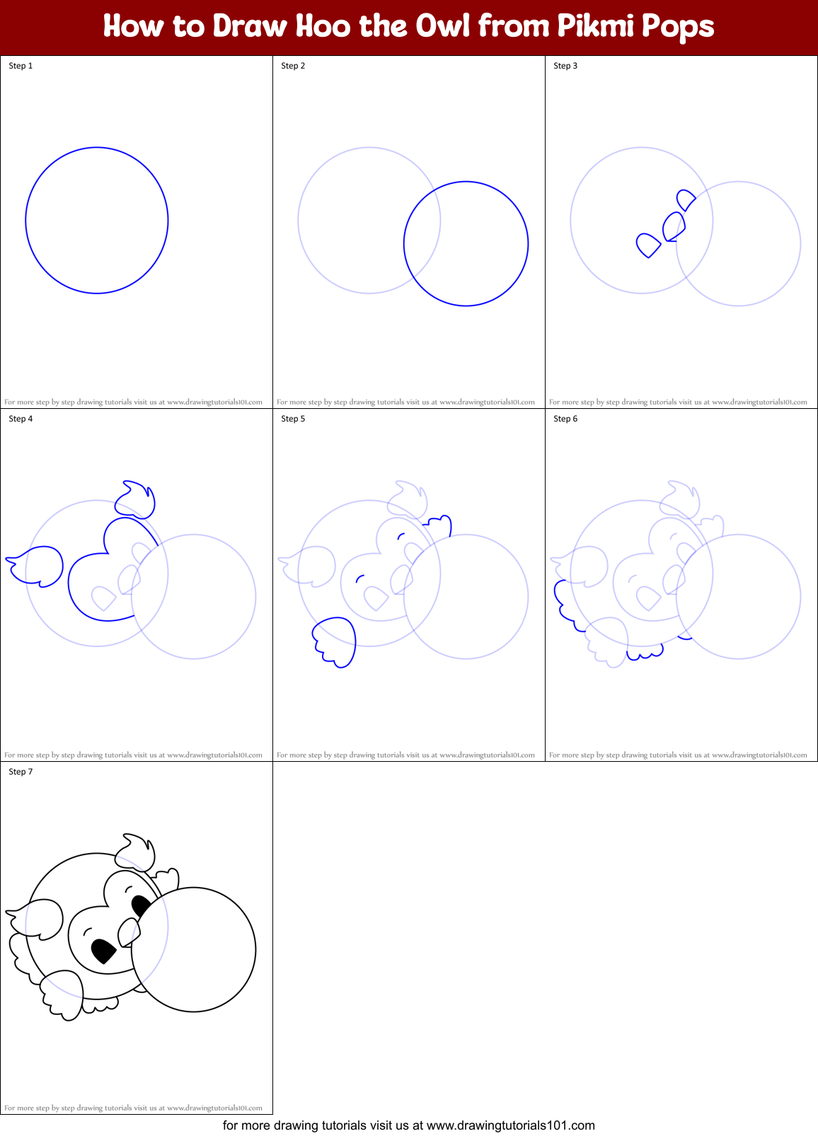 How to Draw Hoo the Owl from Pikmi Pops Printable Step by Step