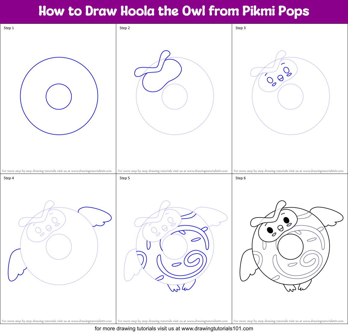How to Draw Hoola the Owl from Pikmi Pops Printable Step by Step