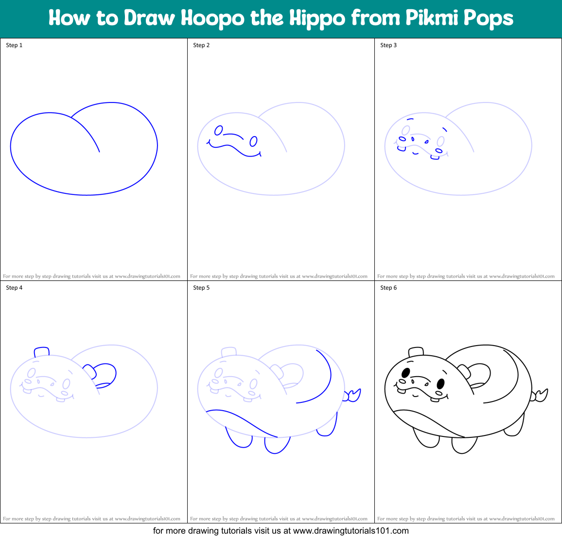 How to Draw Hoopo the Hippo from Pikmi Pops Printable Step by Step
