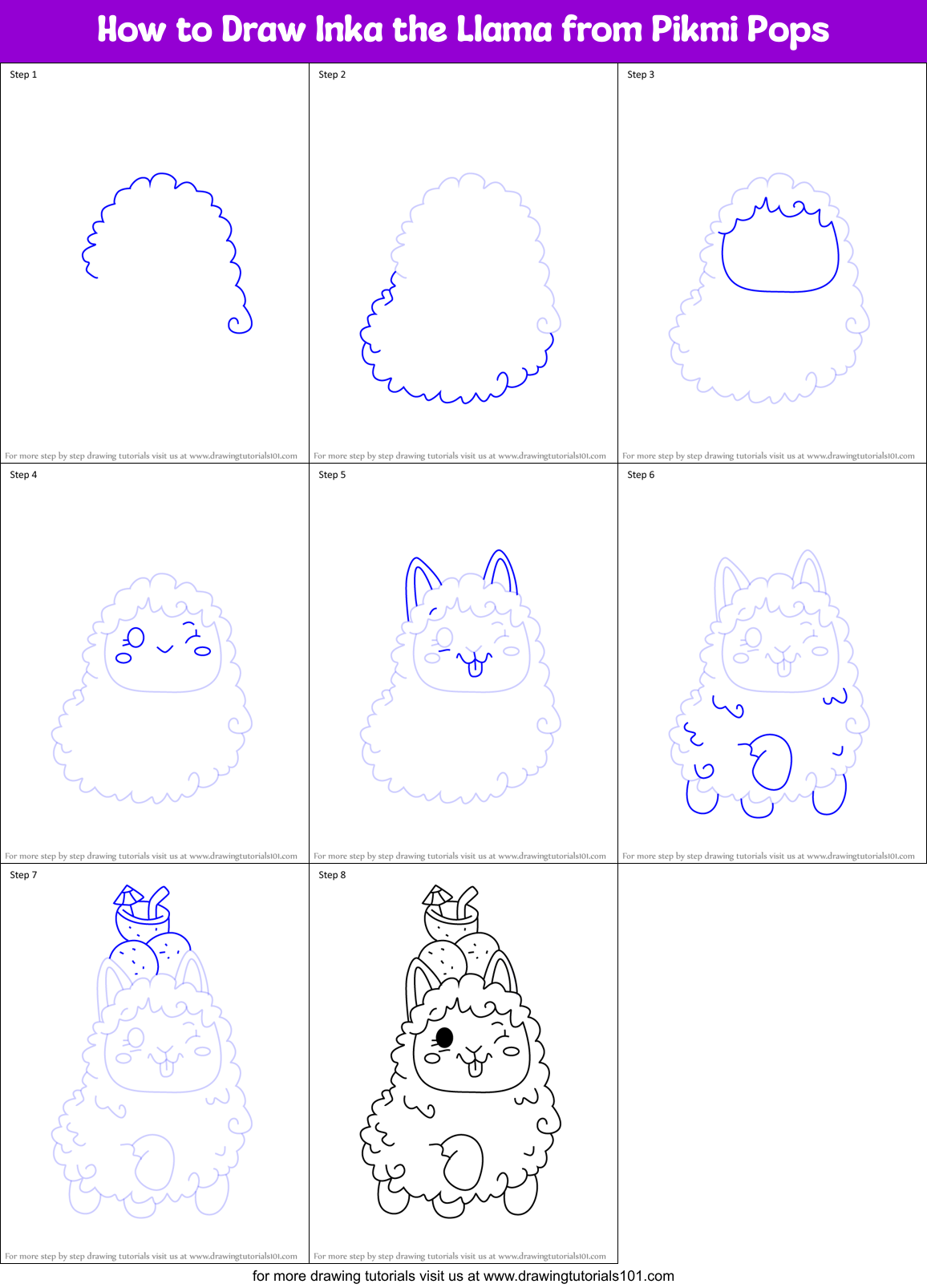 How to Draw Inka the Llama from Pikmi Pops Printable Step by Step