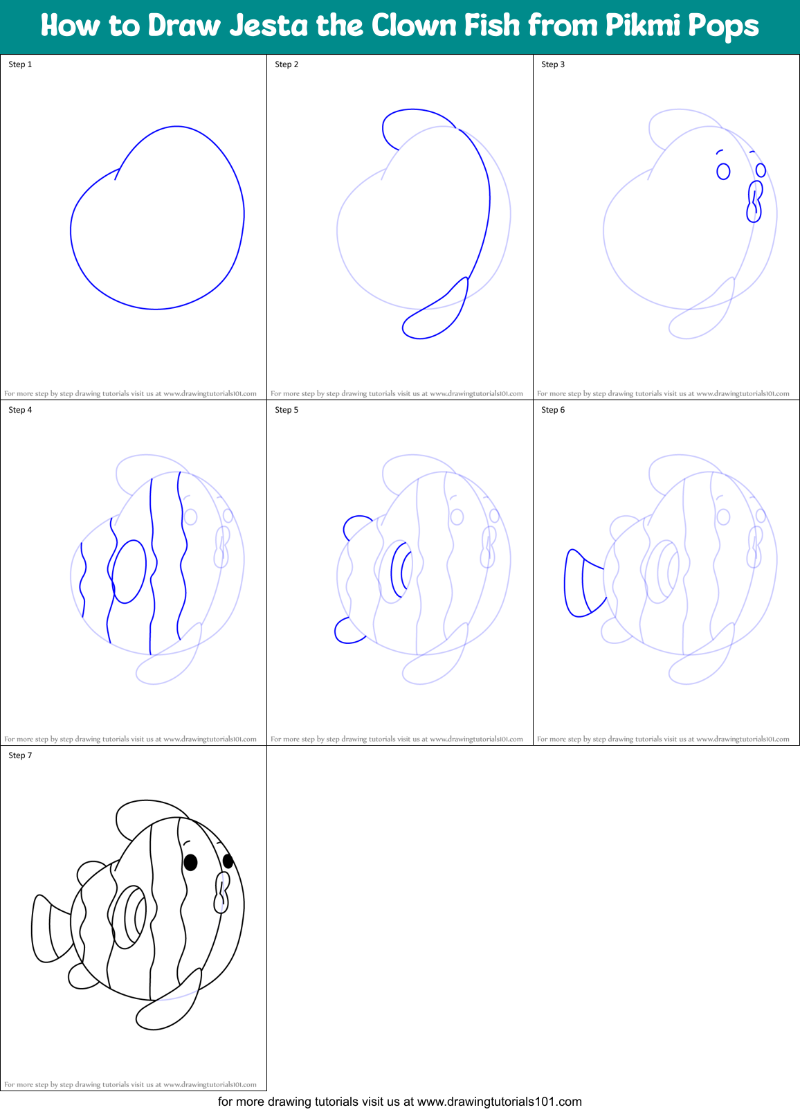 How to Draw Jesta the Clown Fish from Pikmi Pops Printable Step by Step