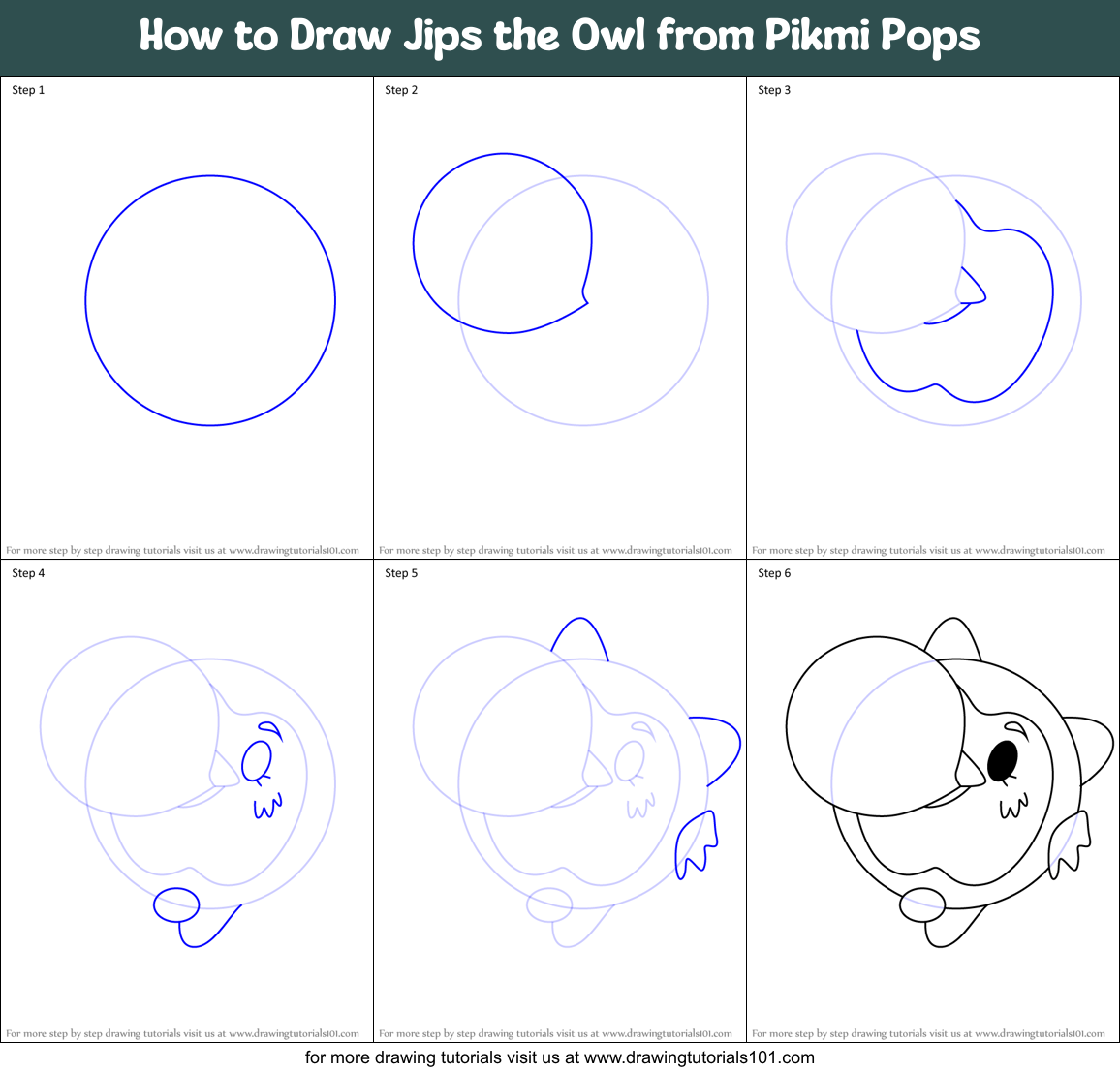 How to Draw Jips the Owl from Pikmi Pops Printable Step by Step