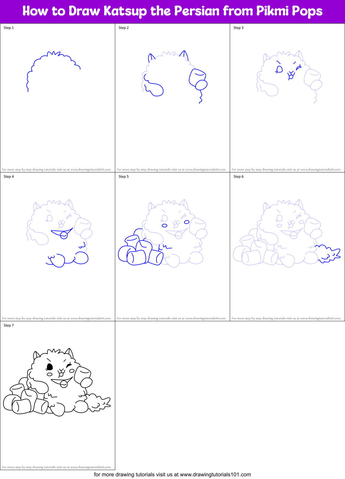 How to Draw Katsup the Persian from Pikmi Pops Printable Step by Step