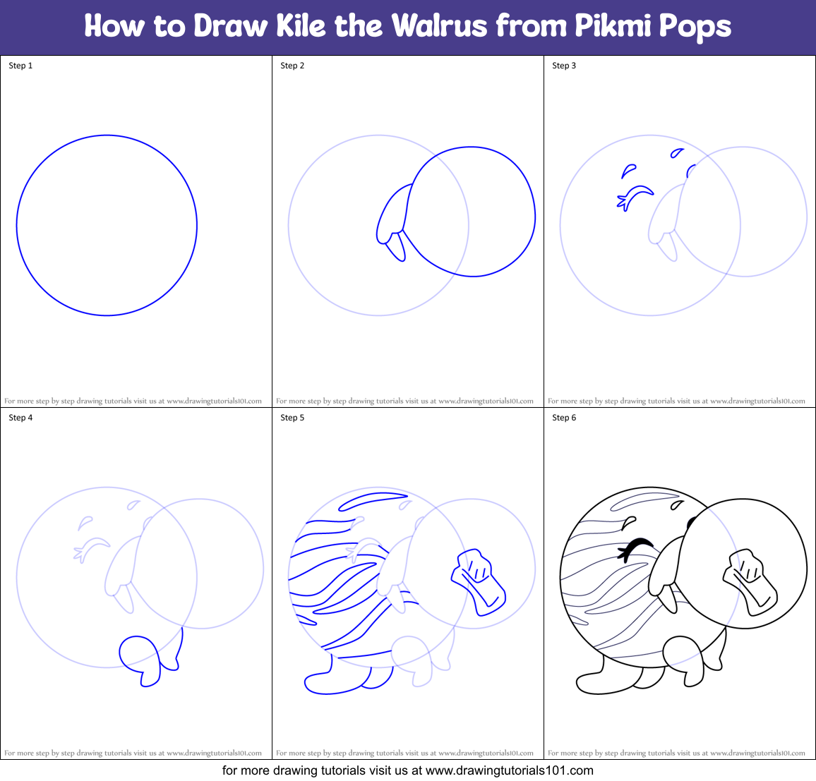 How to Draw Kile the Walrus from Pikmi Pops Printable Step by Step