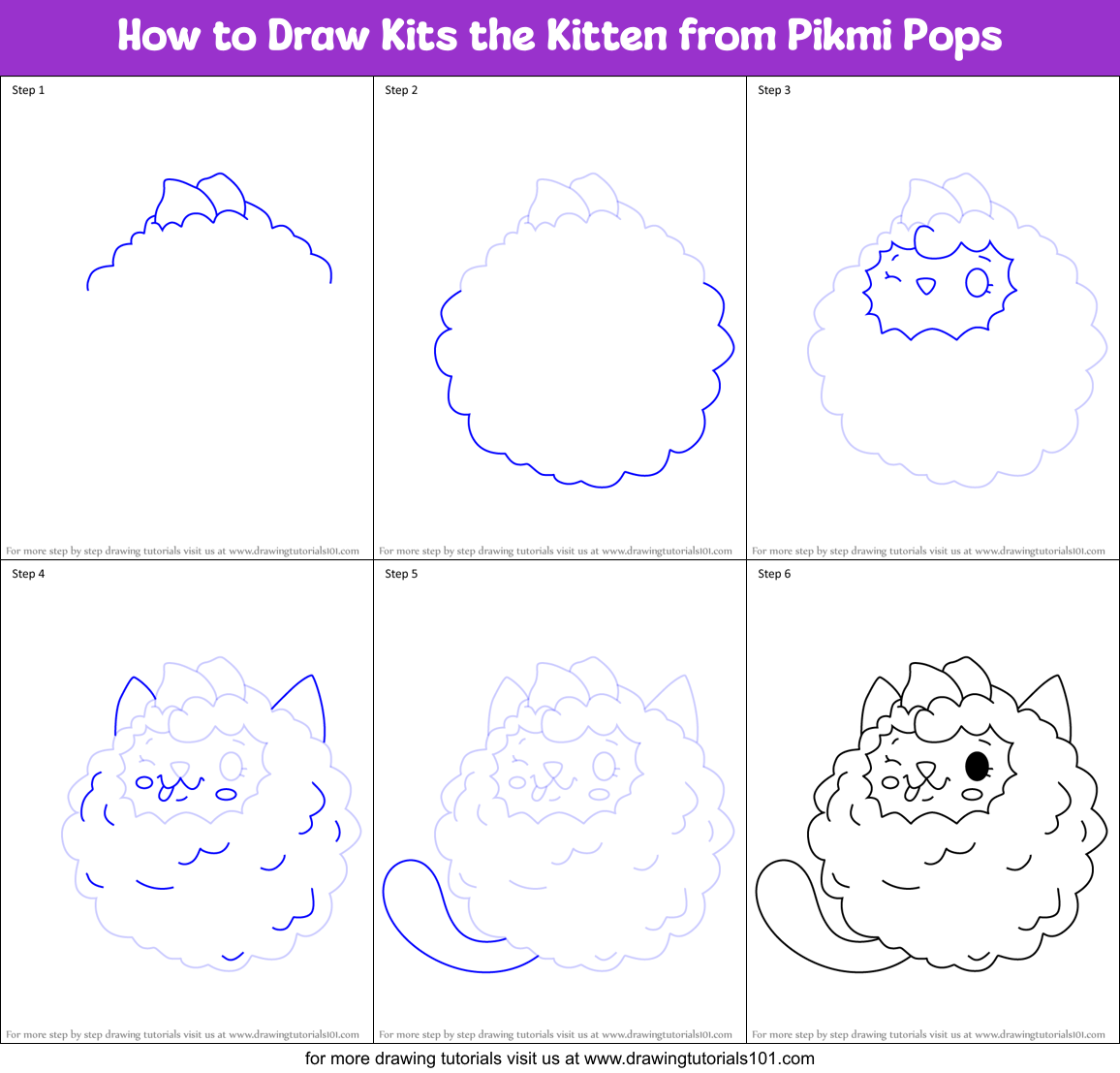 How to Draw Kits the Kitten from Pikmi Pops Printable Step by Step